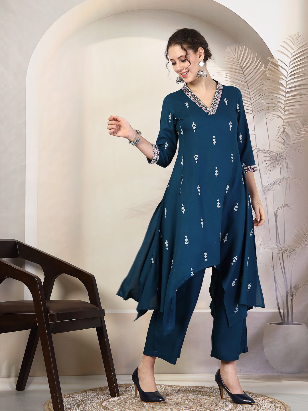 Blue Rayon Calf Length Printed Asymmetric 3/4 Sleeves V Neck Kurta Suit Set