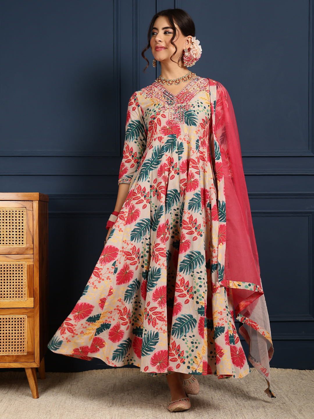 Grey Cotton Calf Length Printed Flared 3/4 Sleeves V-Neck Kurta Bottom Dupatta Set