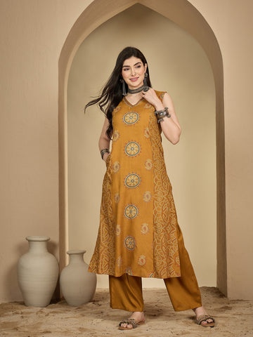 Mustard Rayon Calf Length Printed Sleeveless V-Neck A-Line Kurta Suit Set