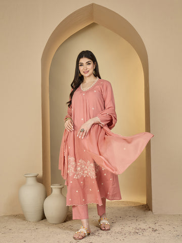 Peach Cotton Calf Length Solid 3/4 Sleeves V-Neck A-Line Kurta Suit Set