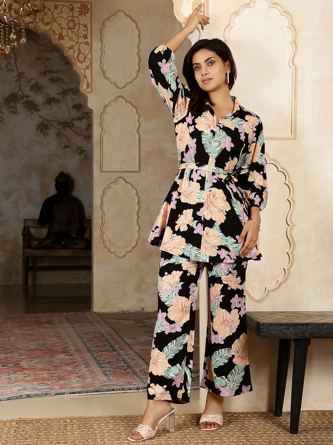 Black Cotton Hip Length Printed Straight 3/4 Sleeves Collar Neck Kurta Bottom Set