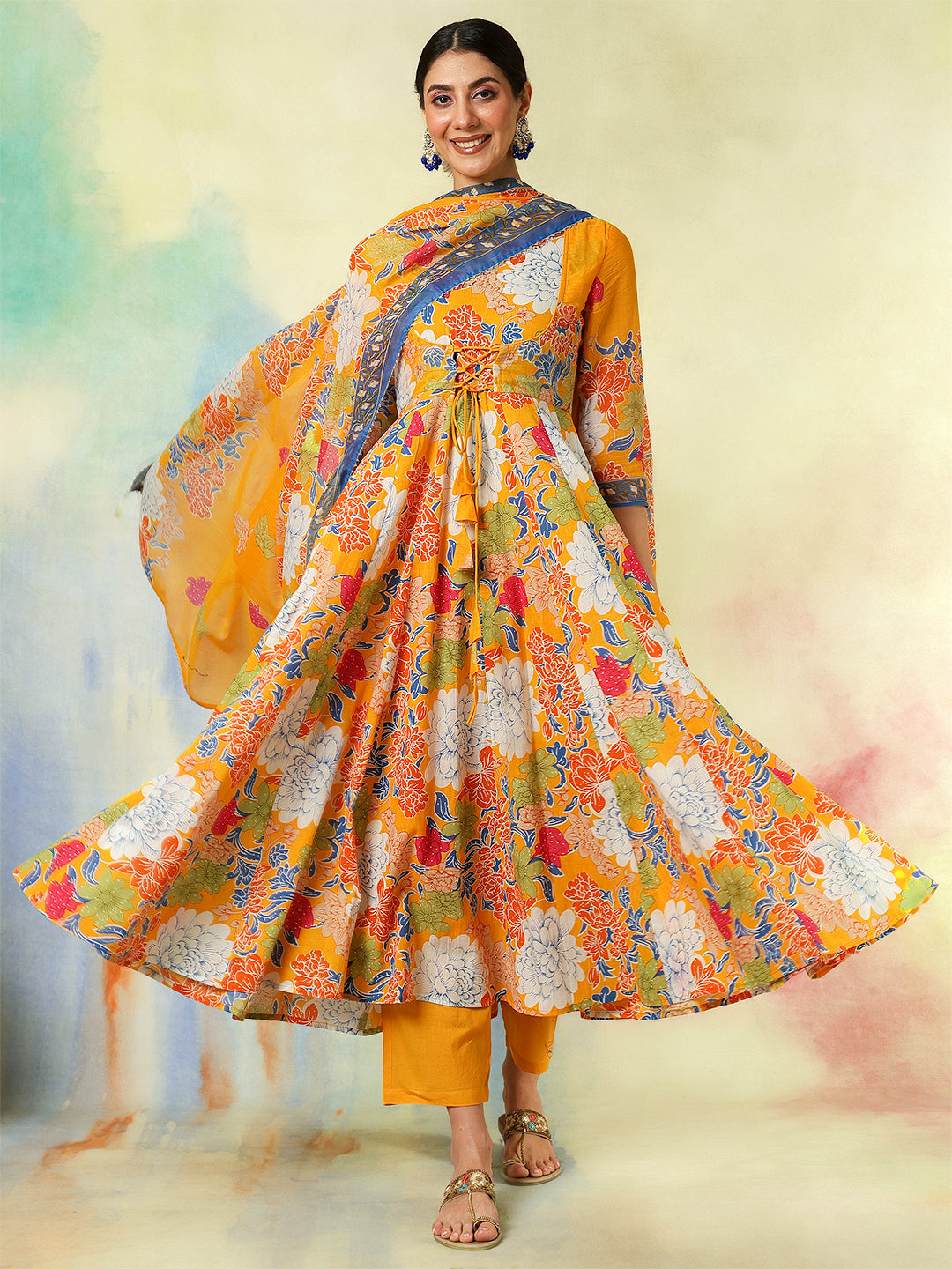 YellowCotton Flared Printed A-Line  3/4 Sleeves Round Neck Kurta Suit Set