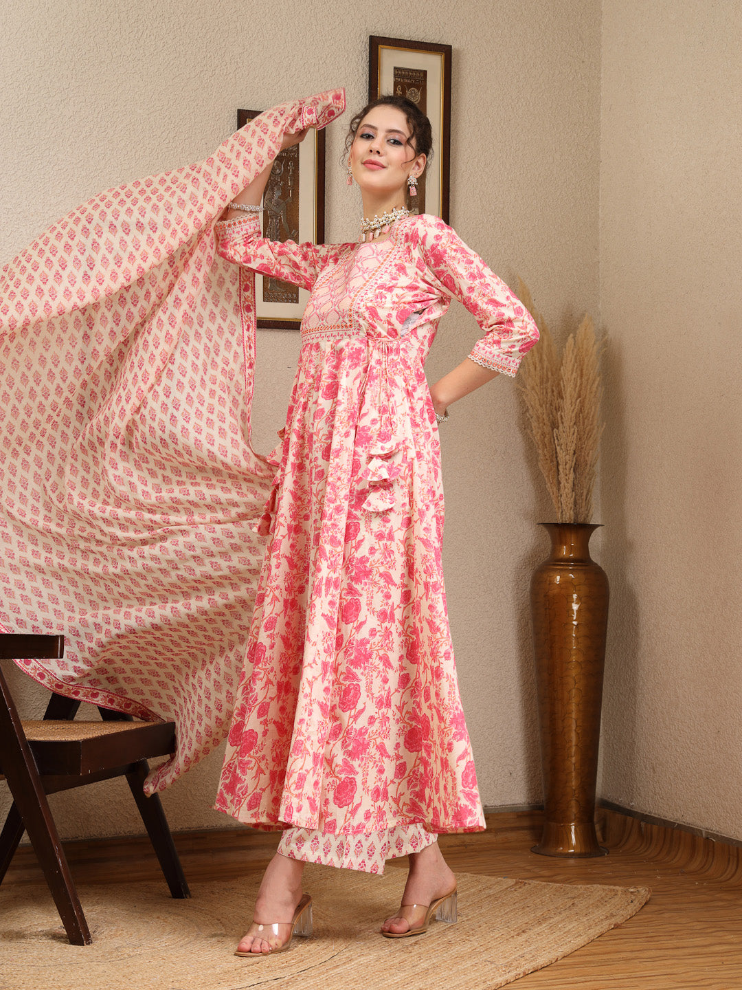 Pink Cotton Calf Length Printed Flared 3/4 Sleeves Round Kurta Suit Set