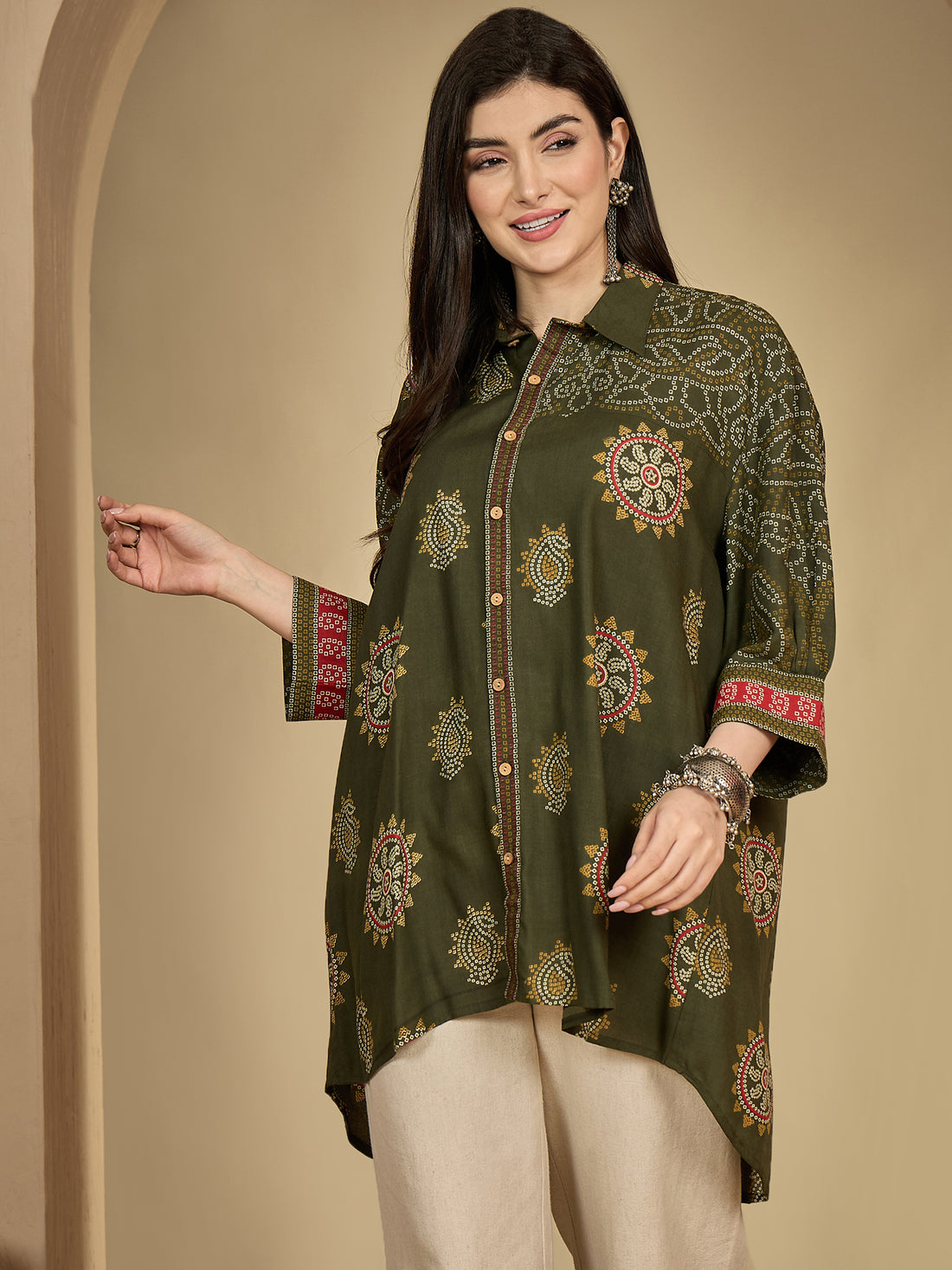 Green Rayon Hip Length Printed 3/4 Sleeve Shirt Collar Flared Top