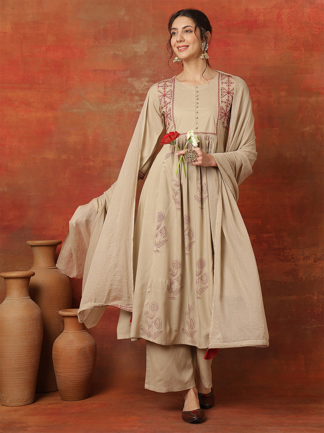 Beige Rayon Calf Length Printed 3/4 Sleeves Round Neck Semi-Flared Kurta Suit Set