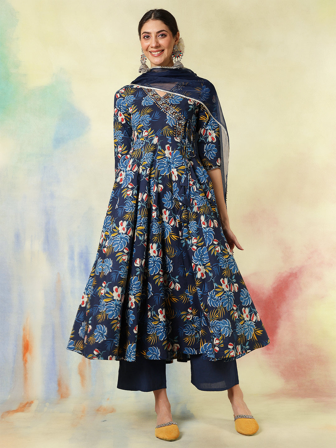 Blue Cotton Calf Length Printed Embroidered 3/4 Sleeves V-Neck Kurta Suit Set