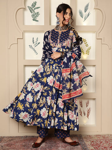 Blue Cotton Calf Length Printed Flared 3/4 Sleeves Round Neck Kurta Bottom Dupatta Set