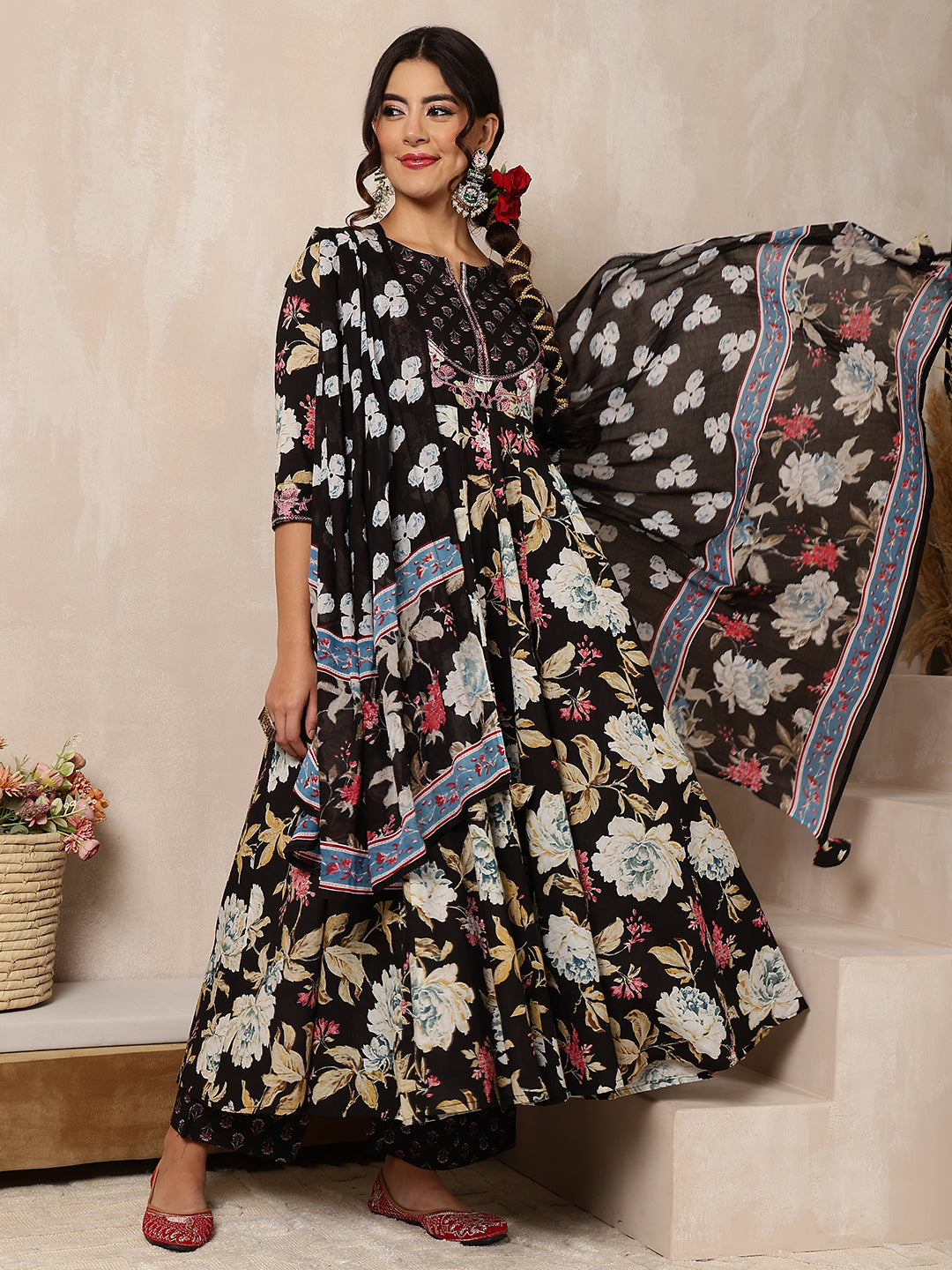 Black Cotton Calf Length Printed Flared 3/4 Sleeves Round Neck Kurta Bottom Dupatta Set