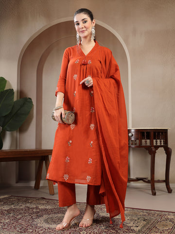 Rust Cotton Calf Length Printed 3/4 Sleeve V Neck Straight Kurta Suit Set