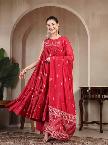 Coral Cotton Calf Length Printed Sleeveless Round Neck Flared Kurta Suit Set