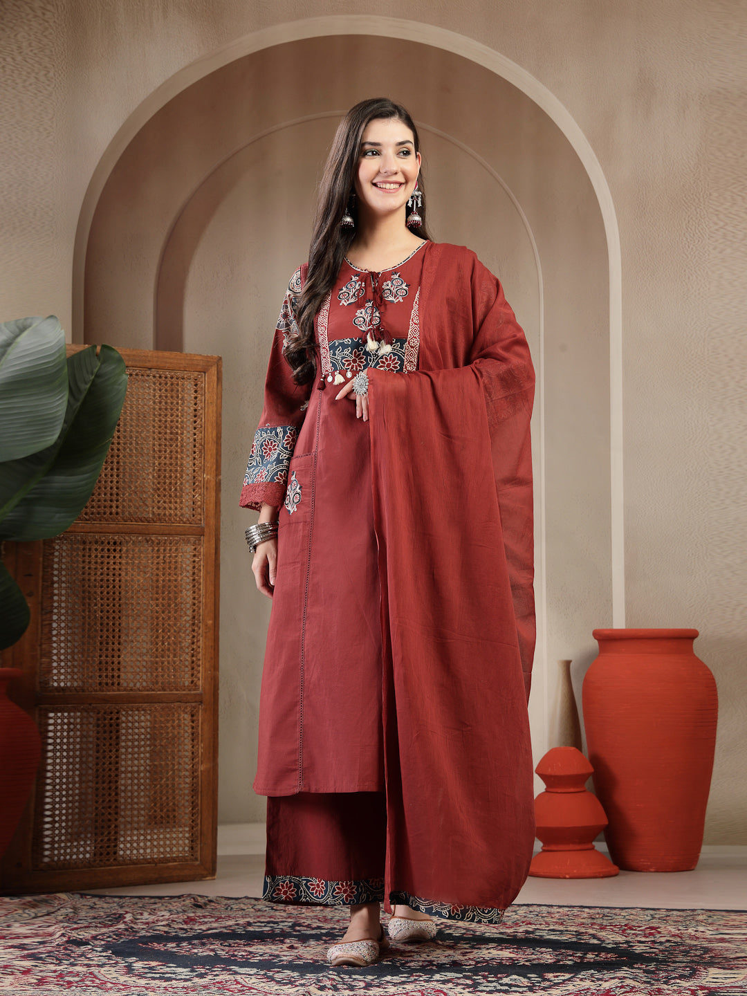 Maroon Rayon Calf Length Solid 3/4 Sleeve Round Neck Straight Kurta Suit Set