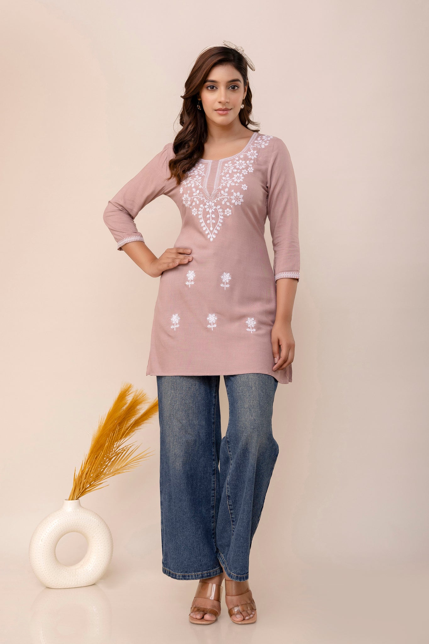 Peach Rayon Hip Length Round Neck A-Line Top