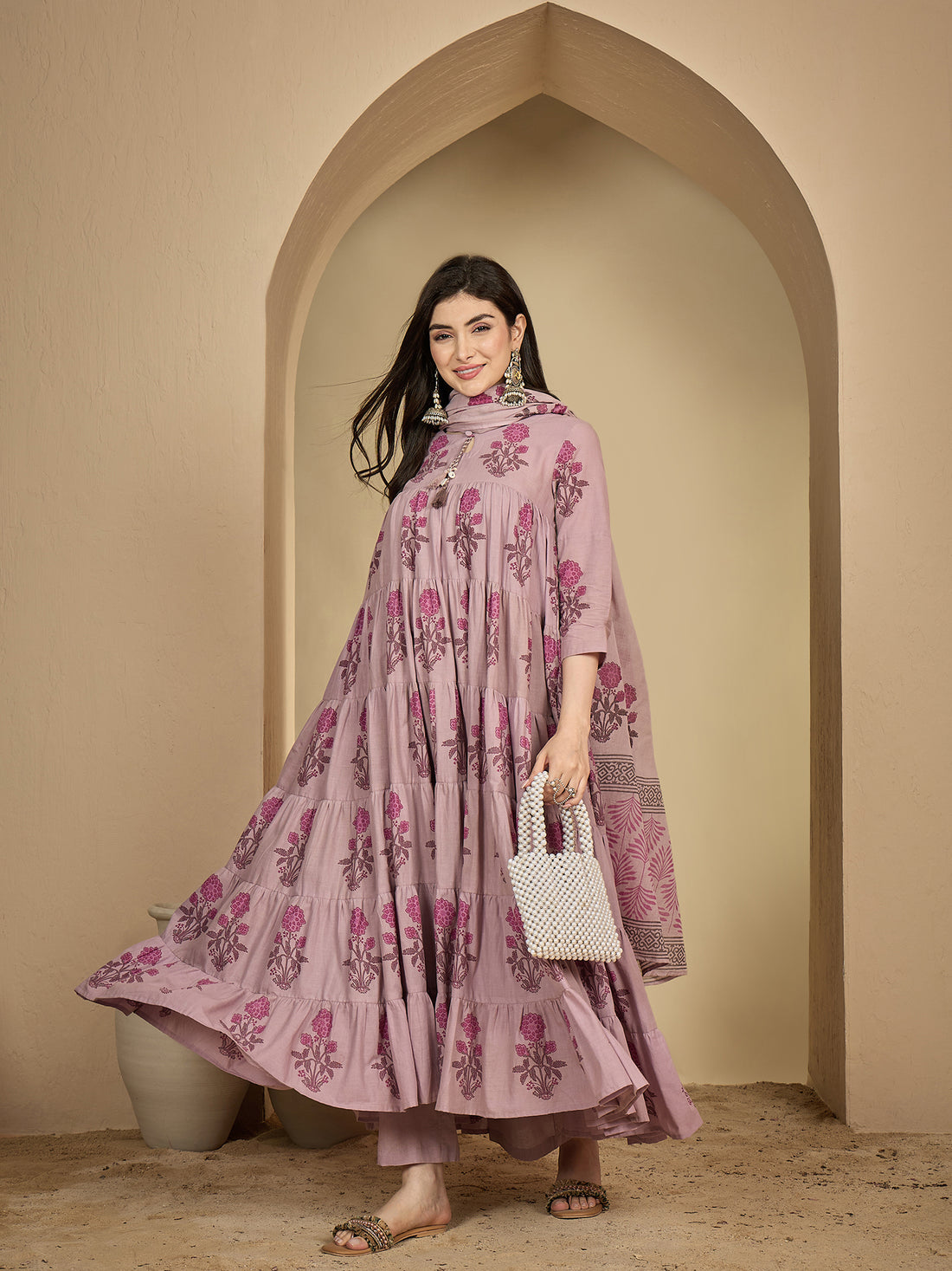 Kimayra Cotton Ankle Length Printed 3/4 Sleeve Key Hole Neck Anarkali Kurta Suit Set