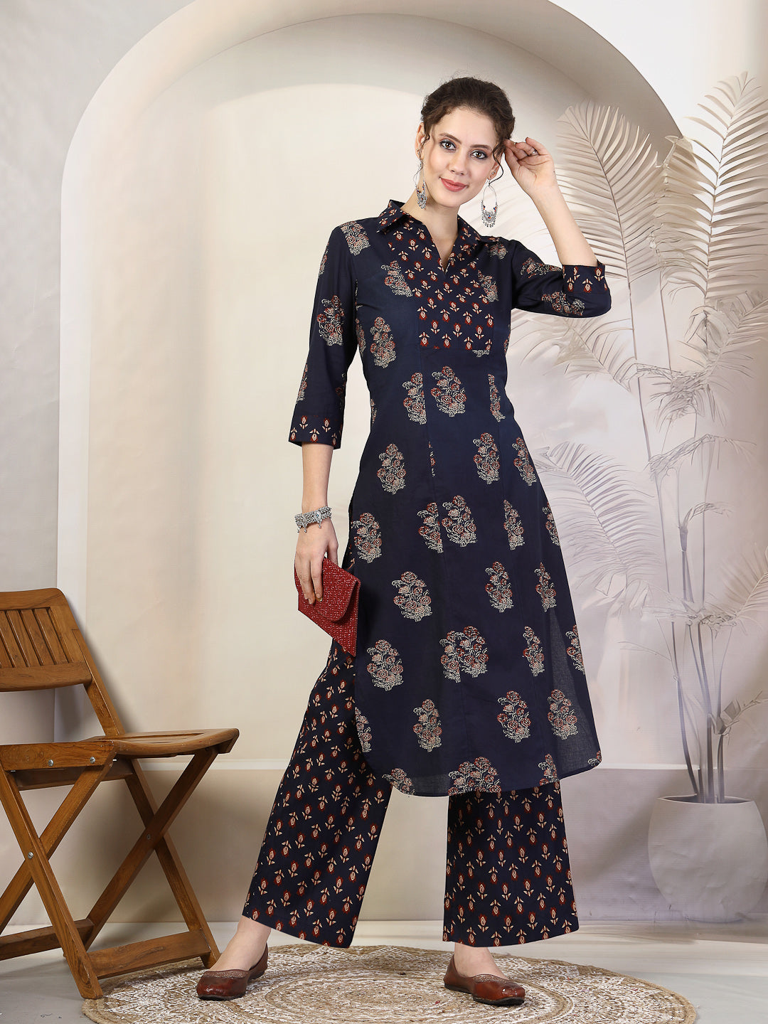 Navy Cotton Calf Length Printed Straight 3/4 Sleeves Coller Kurta Bottom Set