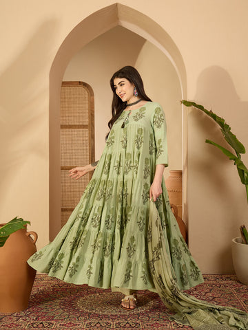 Green Cotton Calf Length Printed 3/4 Sleeve Key Hole Neck Anarkali Kurta Suit Set