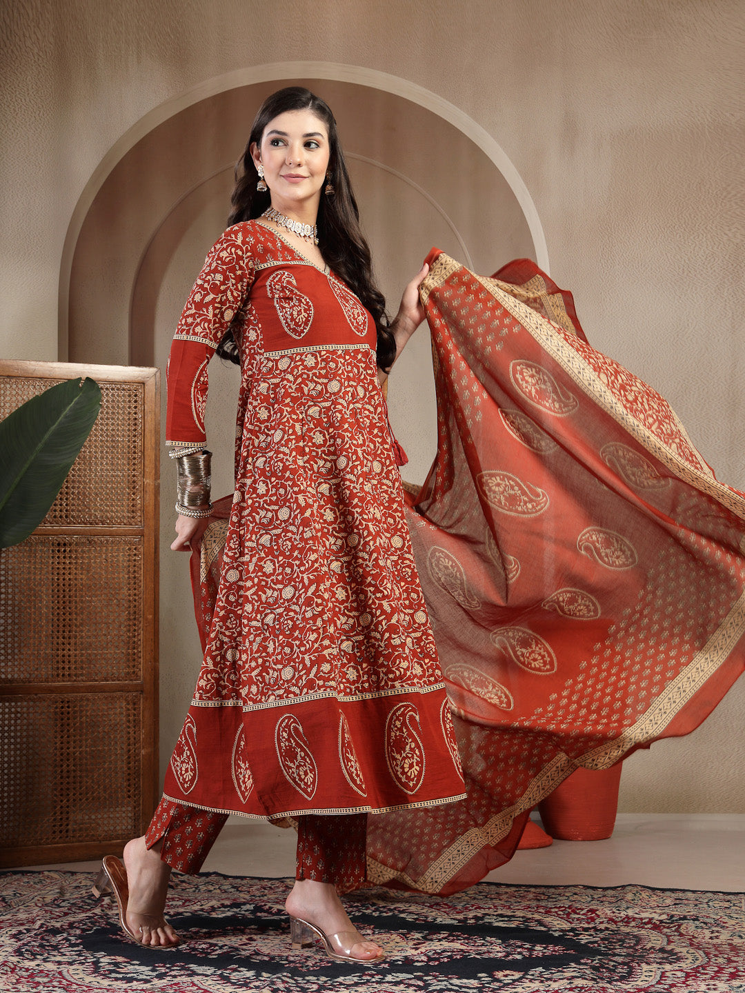 Rust Cotton Calf Length Printed 3/4 Sleeve V Neck Flared Kurta Suit Set