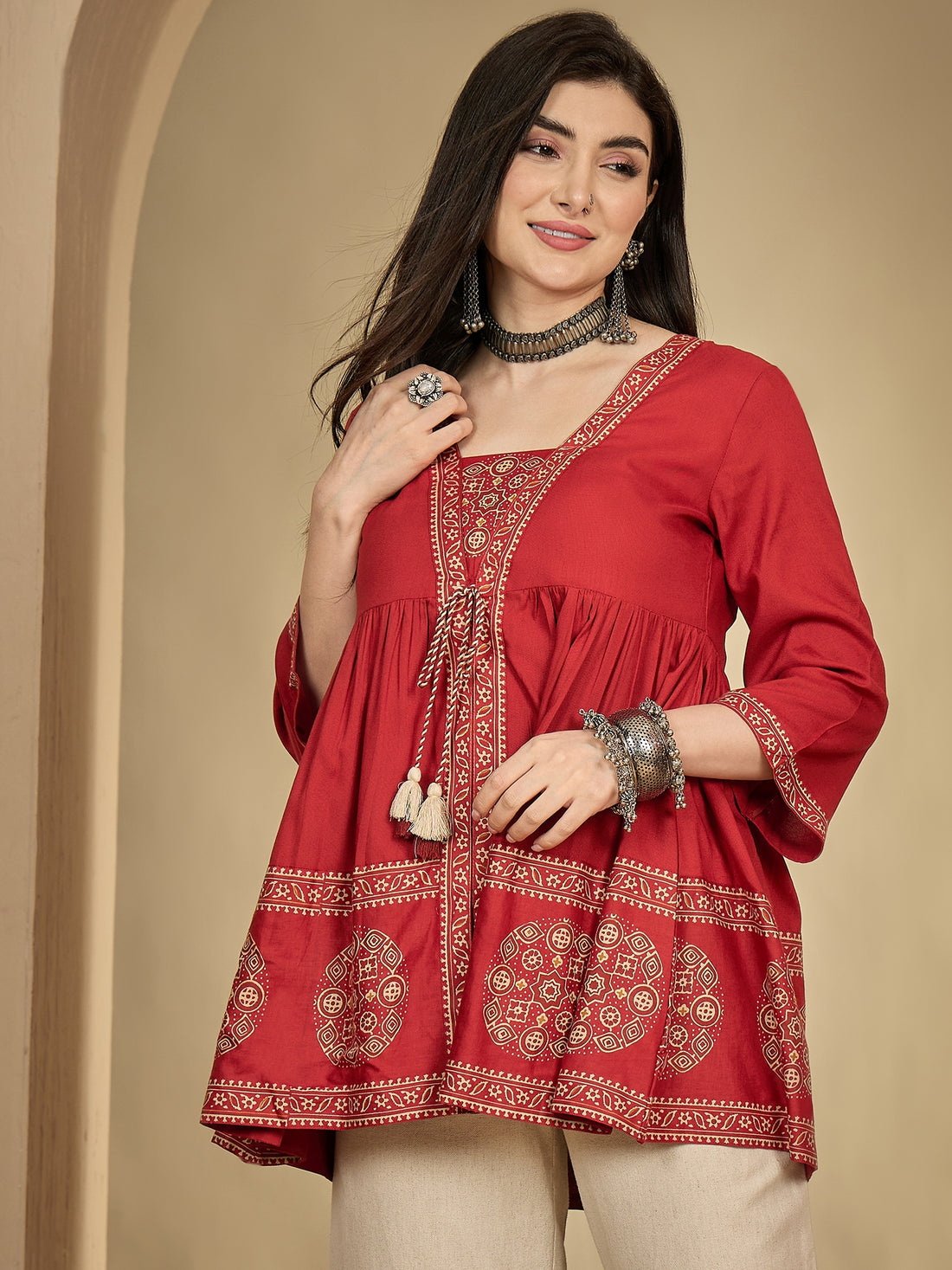 Red Rayon Hip Length Printed 3/4 Sleeve Square Flared Top