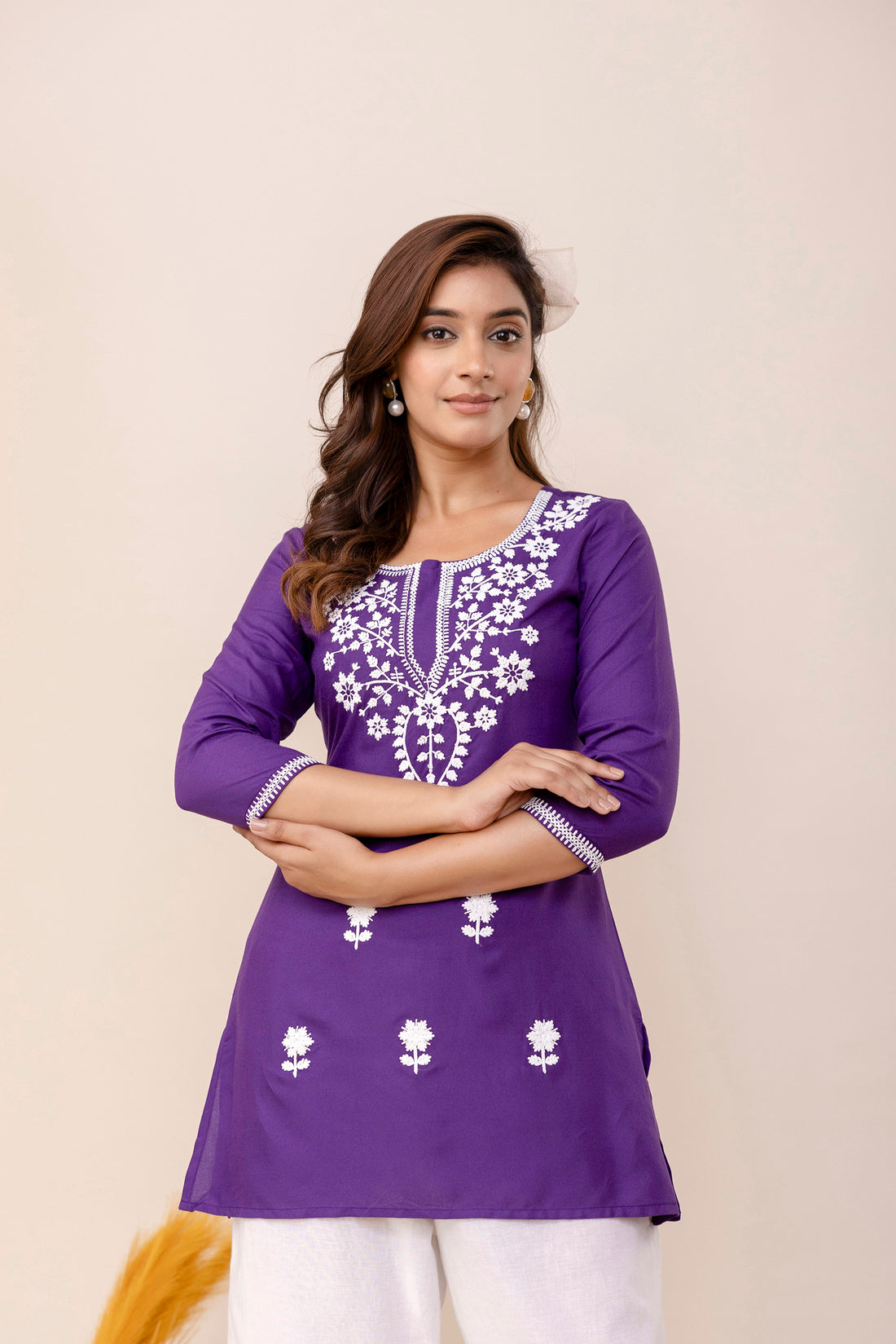 Purple Rayon Hip Length Round Neck A-Line Top