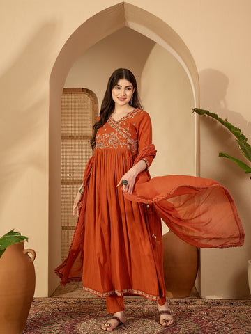 Rust Cotton Calf Length Solid 3/4 Sleeve V-Neck Anarkali Kurta Suit Set