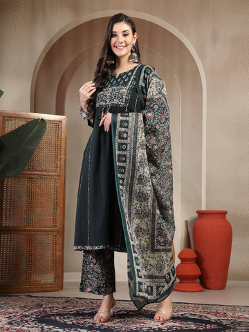 Teal Cotton Calf Length Solid 3/4 Sleeve Round Neck Straight Kurta Suit Set