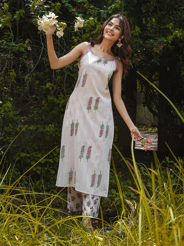 Purple Rayon Calf Length Printed Strappy Sleeve Round Neck Straight Kurta Bottom Set