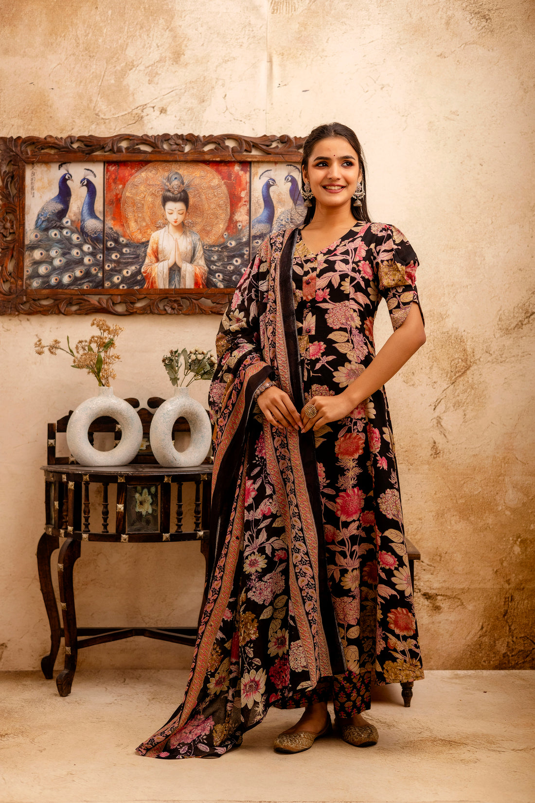 Black Cotton Calf Length Printed Flared 3/4 Sleeves V-Neck Kurta Suit Set