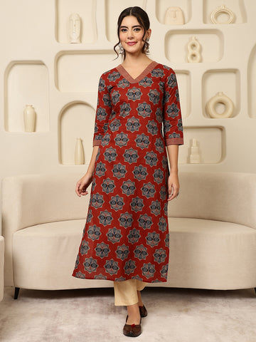 Maroon Cotton Calf Length Printed Straight 3/4 Sleeves V-Neck Kurta