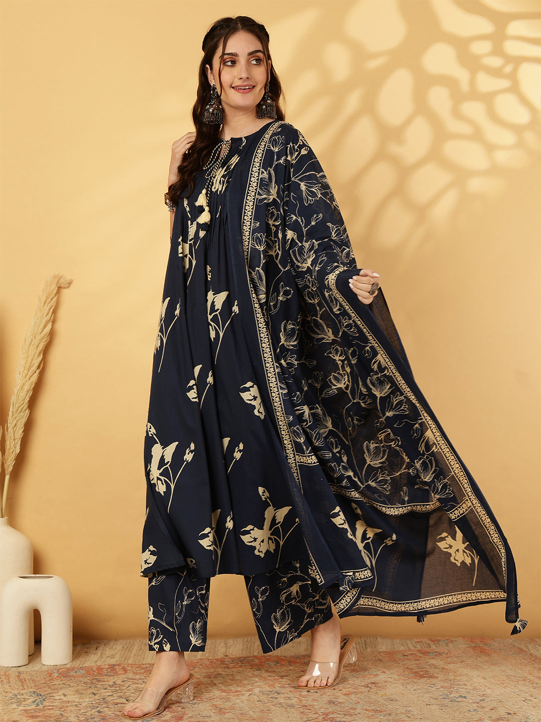Navy Women's Rayon Printed Calf Length Round Neck A-Line Kurta Suit Set