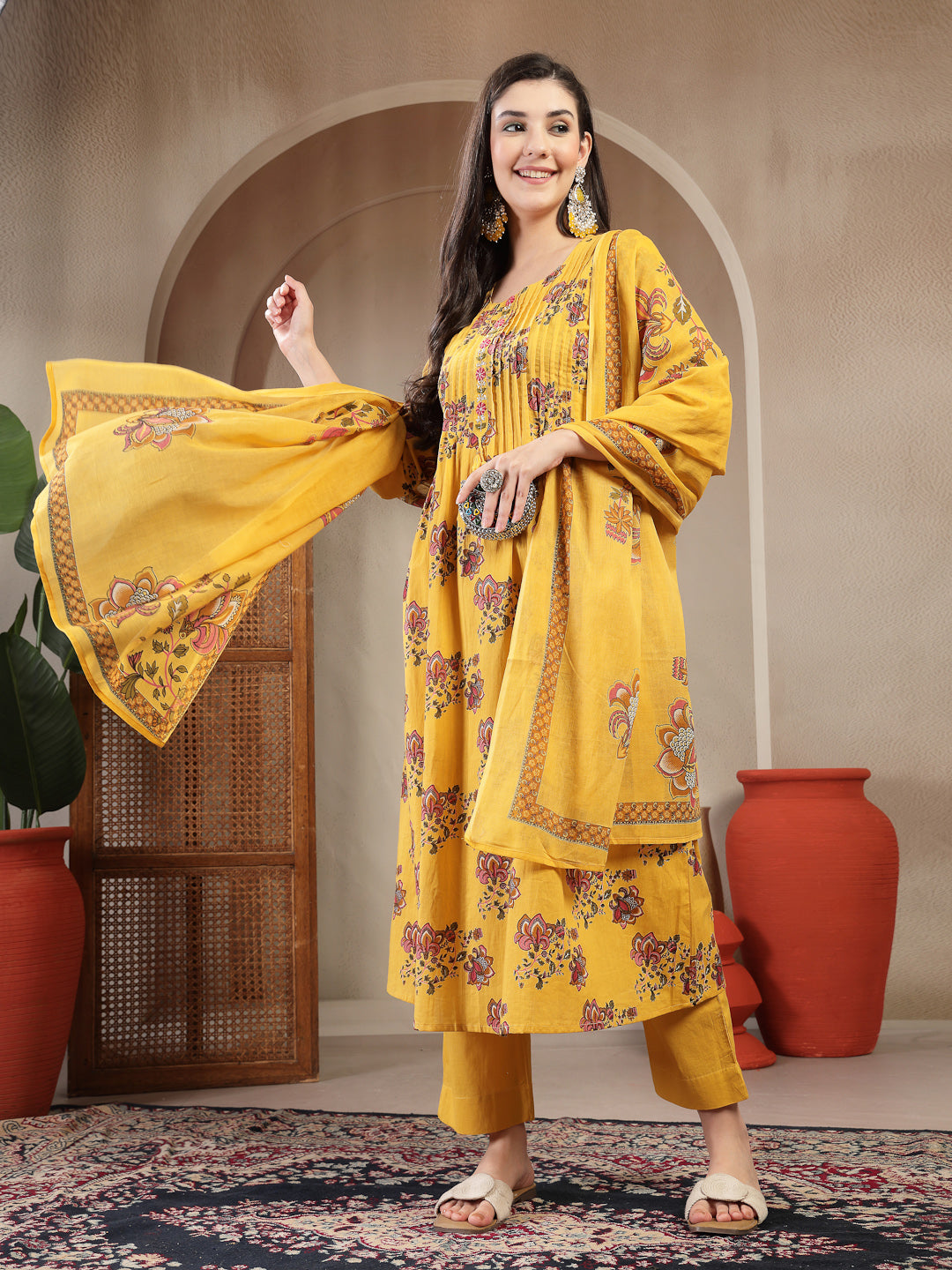 Yellow Cotton Calf Length Printed 3/4 Sleeve Round Neck A Line Kurta Suit Set