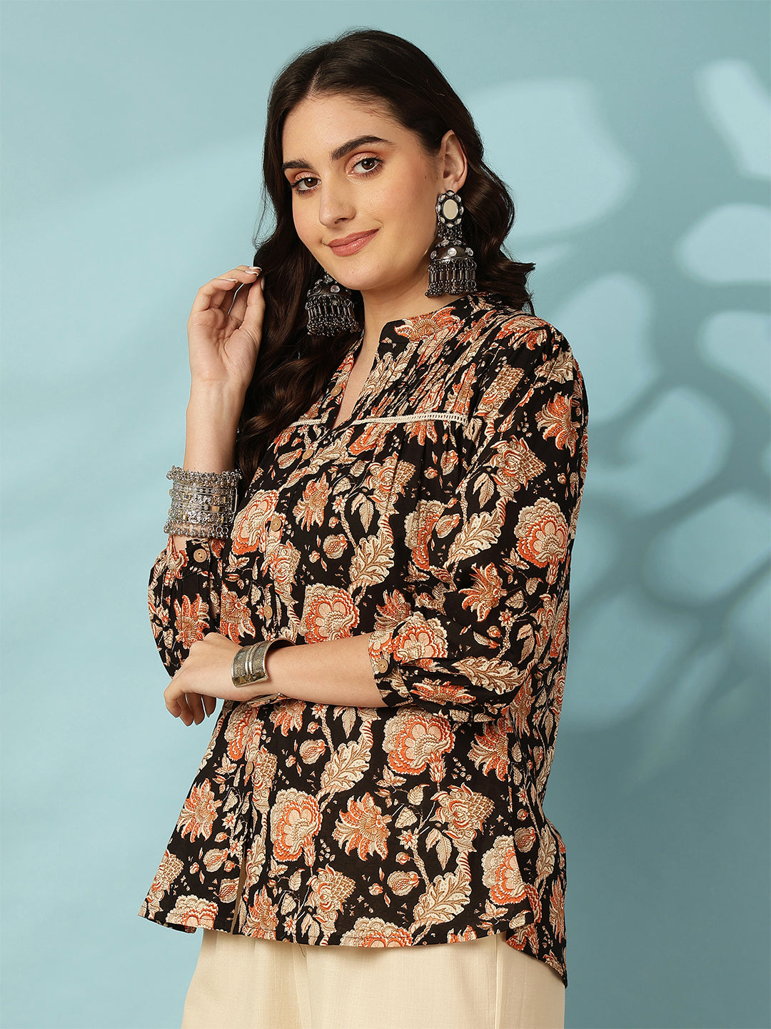 Black Women Printed 3/4 Sleeves Regular Pure Cotton Top