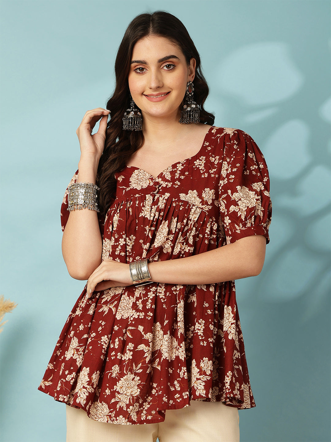 Maroon Women Printed Short sleeve Regular Pure Cotton Top