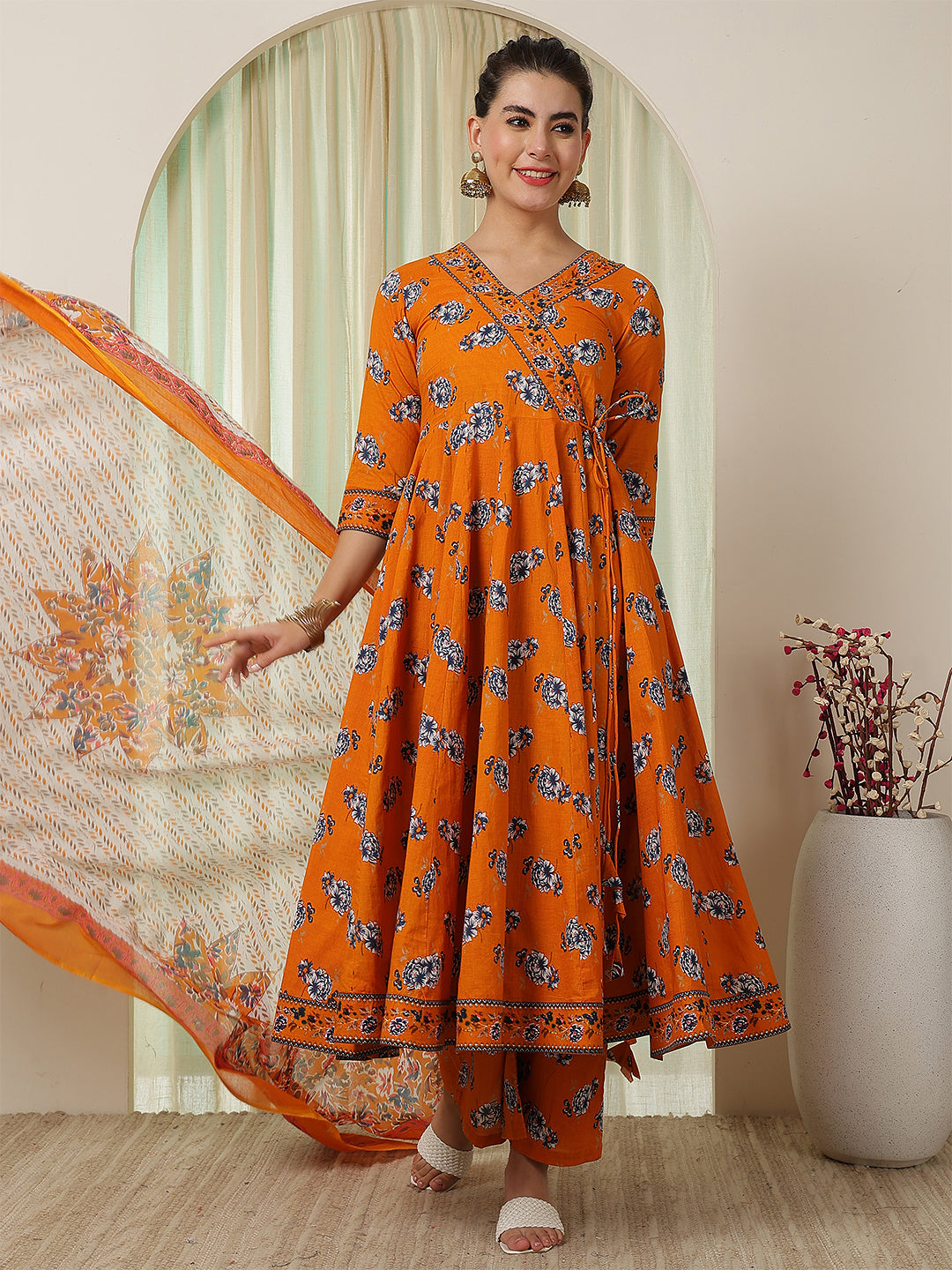 Orange Cotton Calf Length Printed Flared 3/4 Sleeves V-Neck Kurta Suit Set