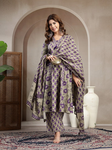 Purple Cotton Calf Length Printed 3/4 Sleeve V-Neck A-Line Kurta Suit Set