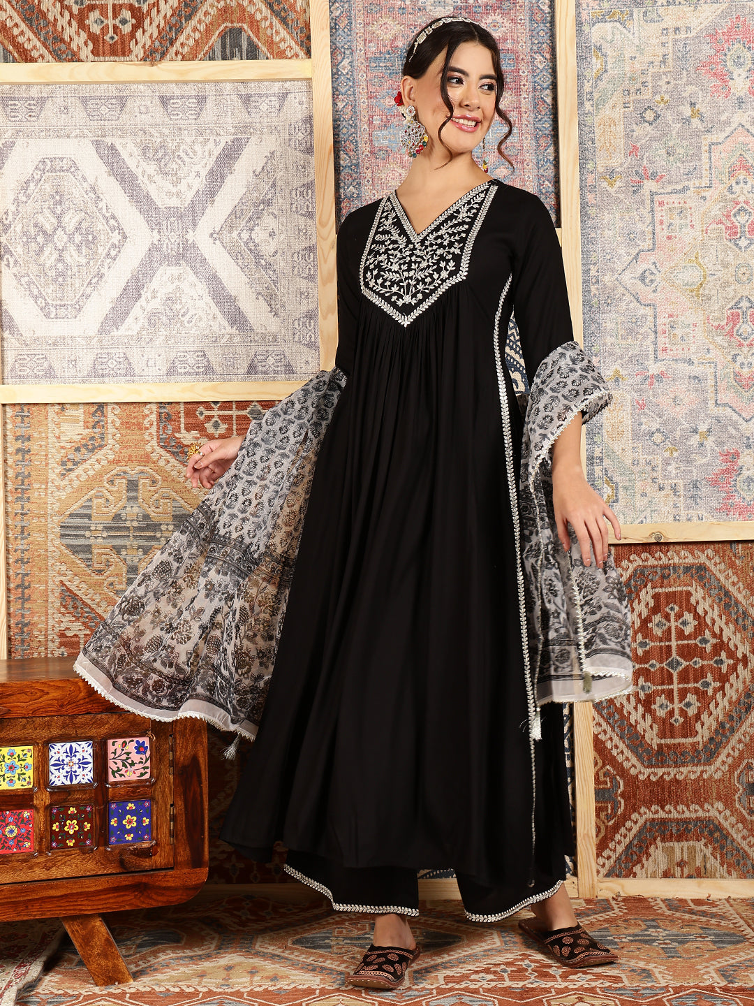 Black Rayon Calf Length Solid Flared 3/4 Sleeves V-Neck Kurta Bottom Dupatta Set