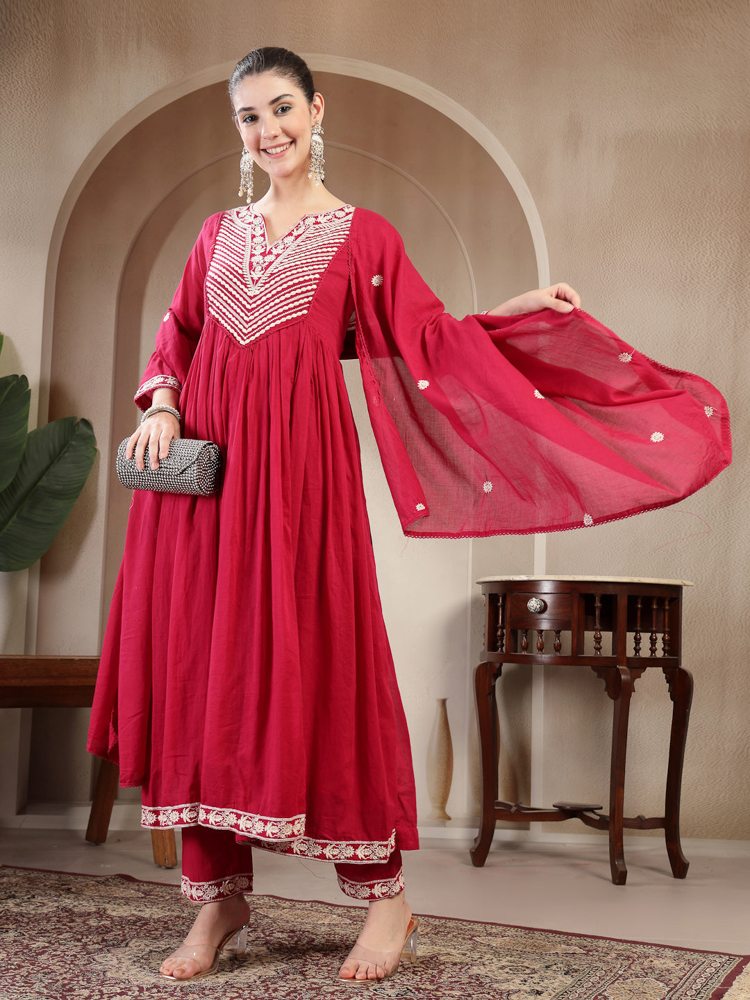 Coral Cotton Calf Length Solid 3/4 Sleeve Round Neck Flared Kurta Suit Set