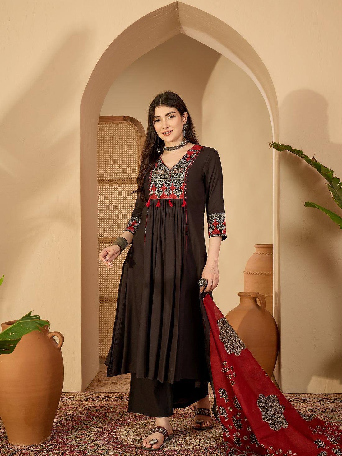 Black Rayon Calf Length Solid 3/4 Sleeve V-Neck Flared Kurta Suit Set