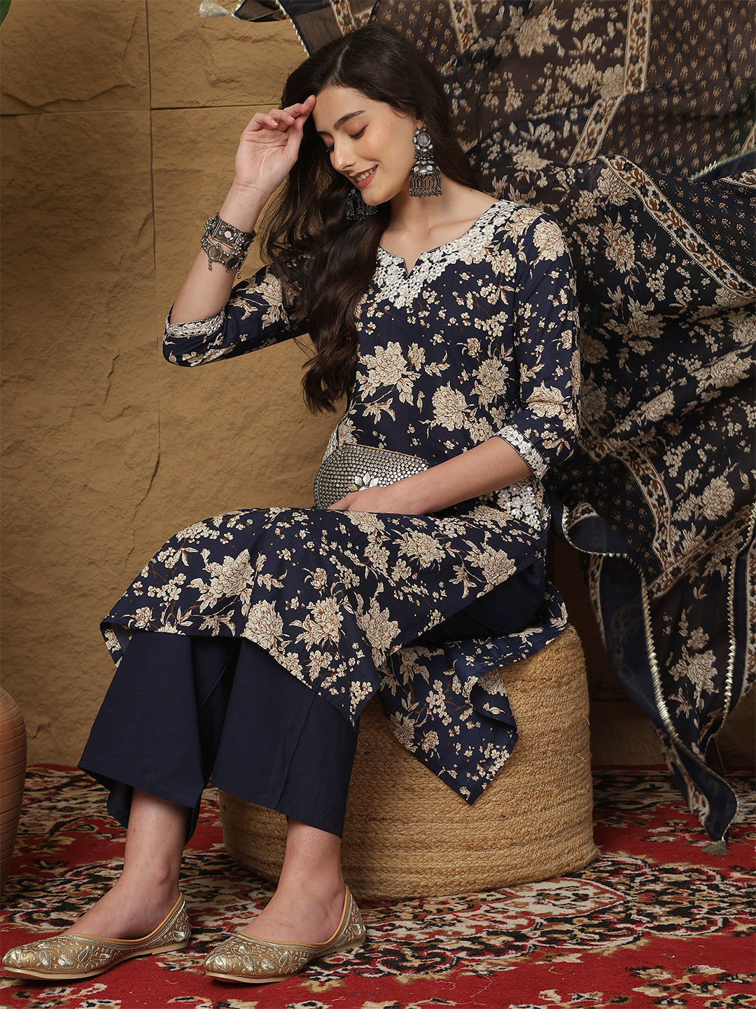 Navy Cotton Calf Length Printed 3/4 Sleeves Round Neck Straight Kurta Suit Set