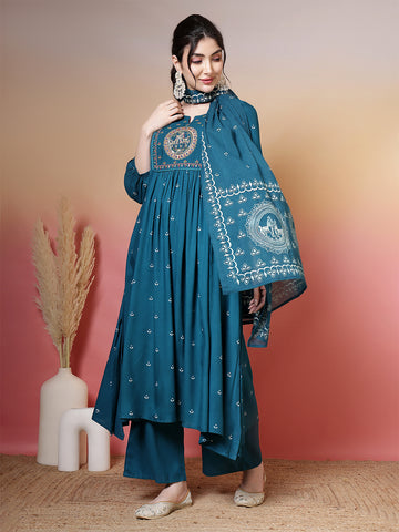Turq Rayon Calf Length Printed 3/4 Sleeves Round Neck Flared Kurta Suit Set