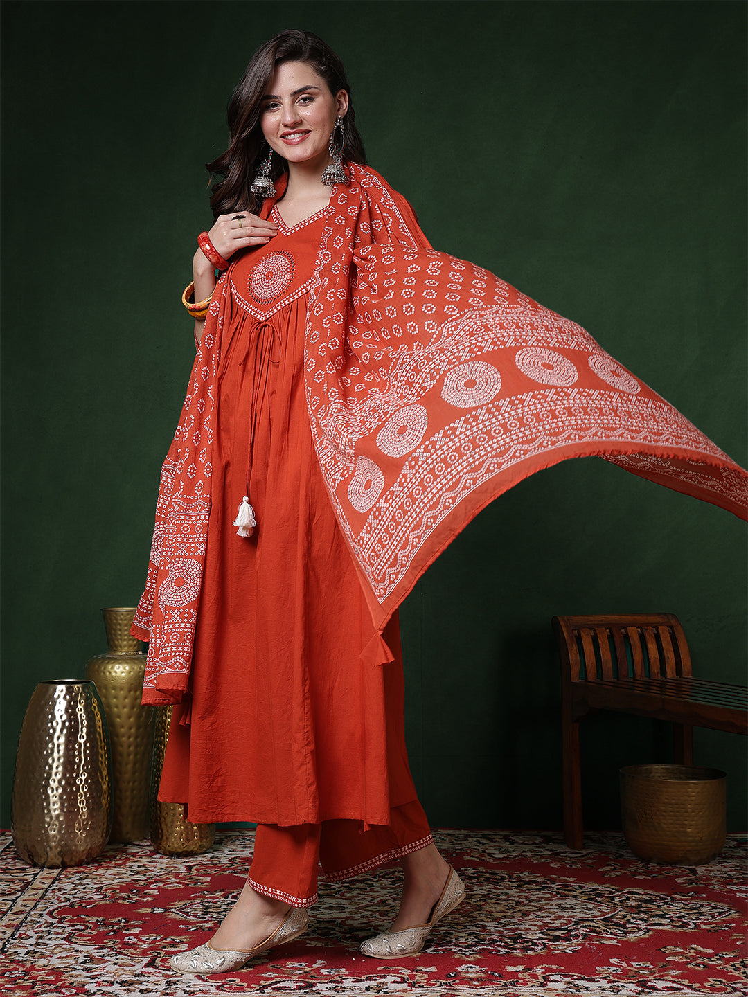 Rust Rayon Calf Length Solid 3/4 Sleeves V-Neck Semi-Flared Kurta Suit Set