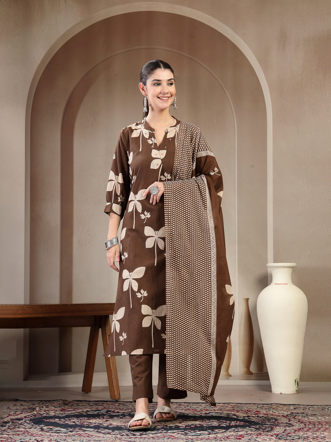 Brown Cotton Calf Length Printed 3/4 Sleeve Mandarin Collar Straight Kurta Suit Set
