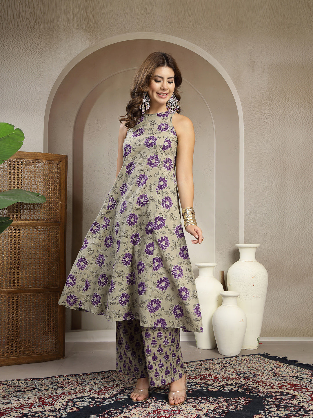Purple Cotton Calf Length Printed Sleeveless Round Neck Flared Kurta Suit Set