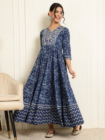 Indigo Cotton Ankle Length Printed Flared 3/4 Sleeves V-Neck Gown