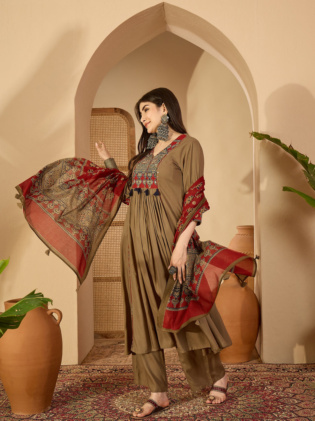 Grey Rayon Calf Length Solid 3/4 Sleeve V-Neck Flared Kurta Suit Set