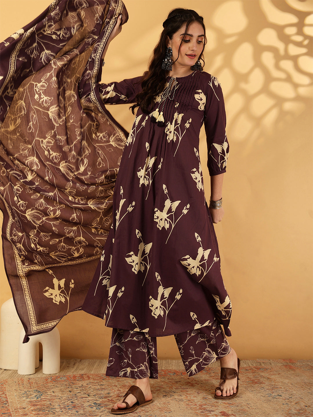 Purple Women's Rayon Printed Calf Length Round Neck A-Line Kurta Suit Set