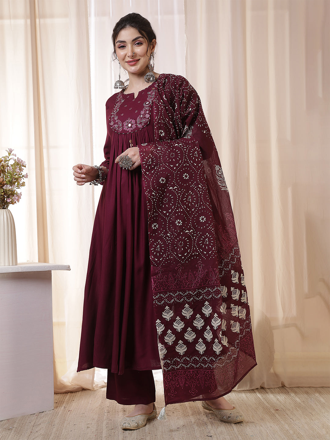 Wine Rayon Calf Length Solid 3/4 Sleeves Round Neck Flared Kurta Suit Set
