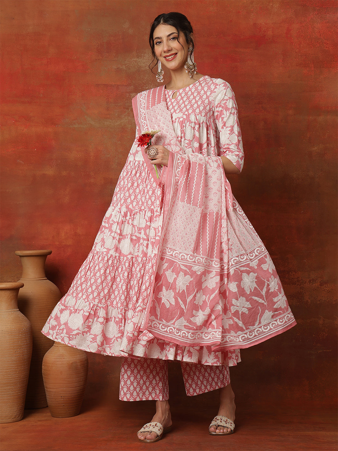 Pink Cotton Calf Length Printed 3/4 Sleeves Round Neck Anarkali Kurta Suit Set