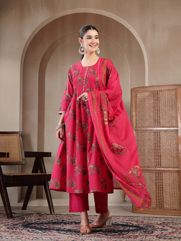 Pink Cotton Calf Length Printed 3/4 Sleeve Round Neck A Line Kurta Suit Set