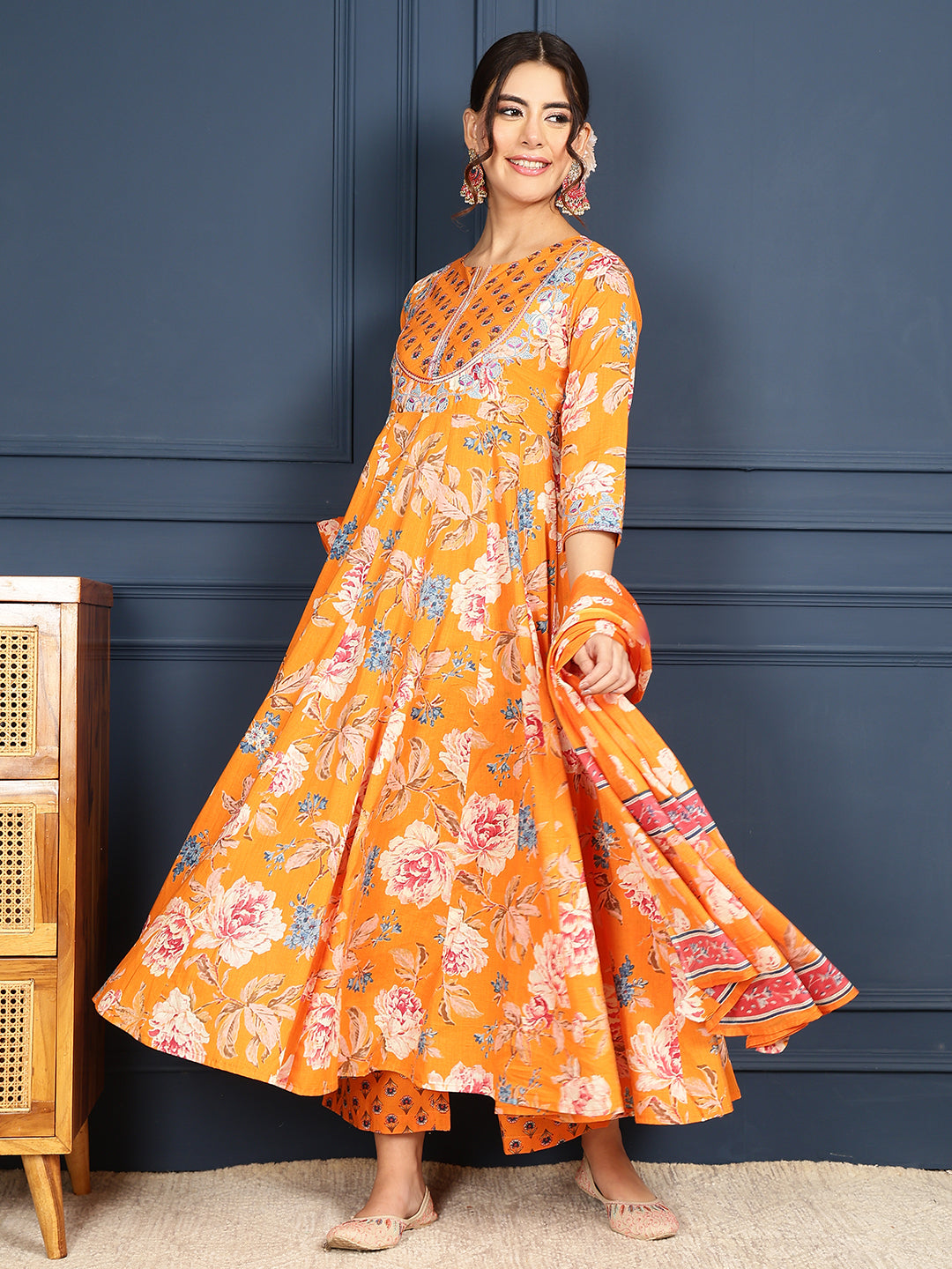 Orange Cotton Calf Length Printed Flared 3/4 Sleeves Round Neck Kurta Bottom Dupatta Set