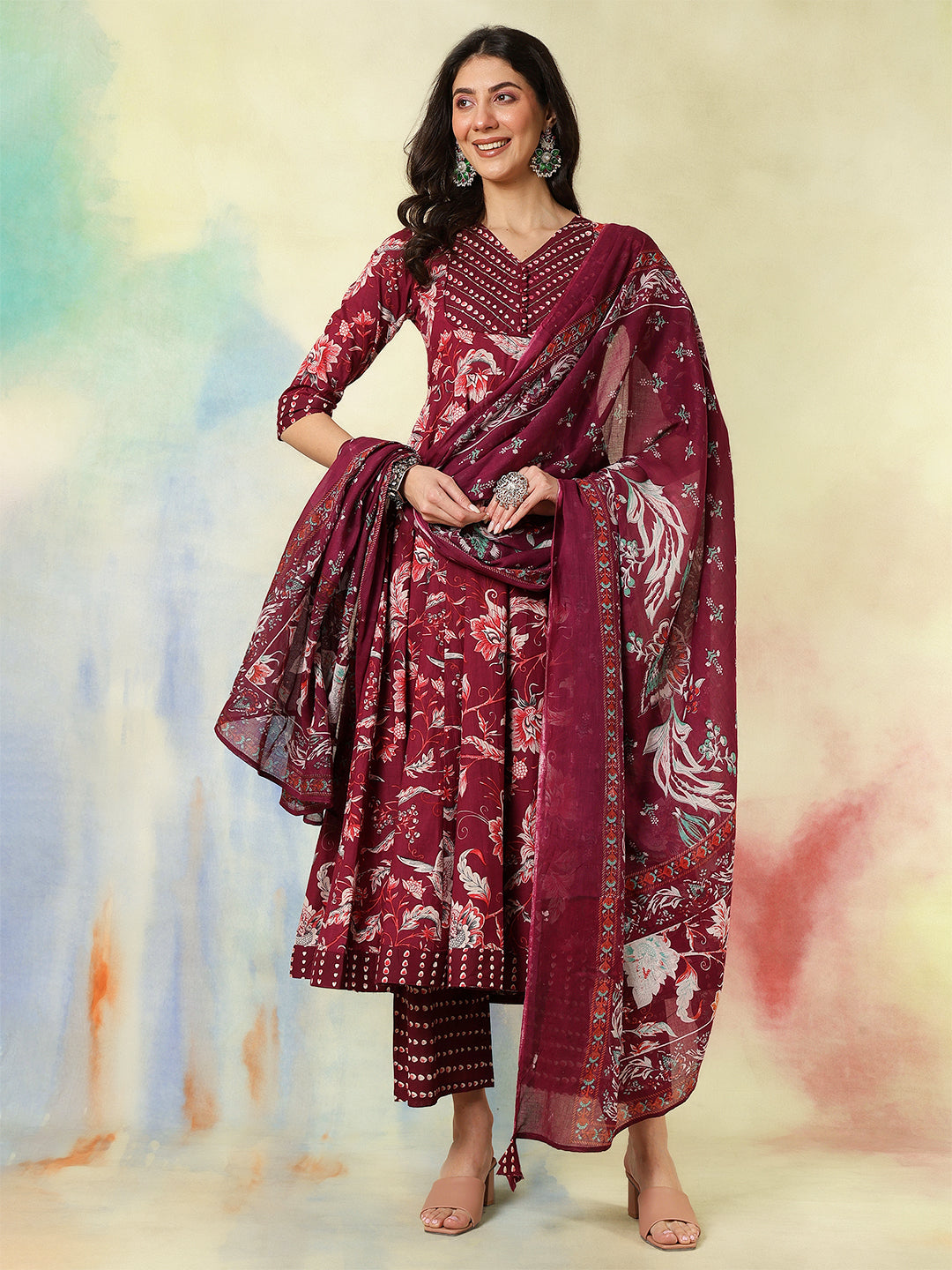 Maroon Cotton Calf Length Printed Flared 3/4 Sleeves V-Neck Kurta Suit Set