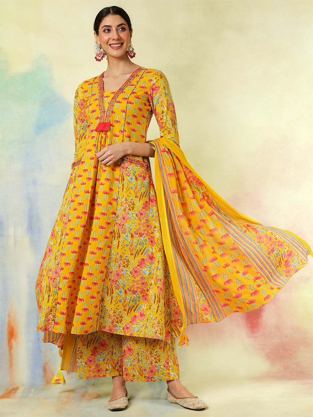 Mustard Cotton Calf Length Embroidered Printed A-Line  3/4 Sleeves V-Neck Kurta Suit Set